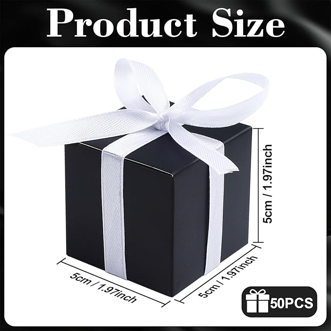 COCPOK 50 Pack Black Gift Boxes, 2x2x2 inch Gift Box, Small Candy Boxes with Lids and Ribbons, Paper Favor Box for Wedding Bridal Shower Baby Shower Birthday Party