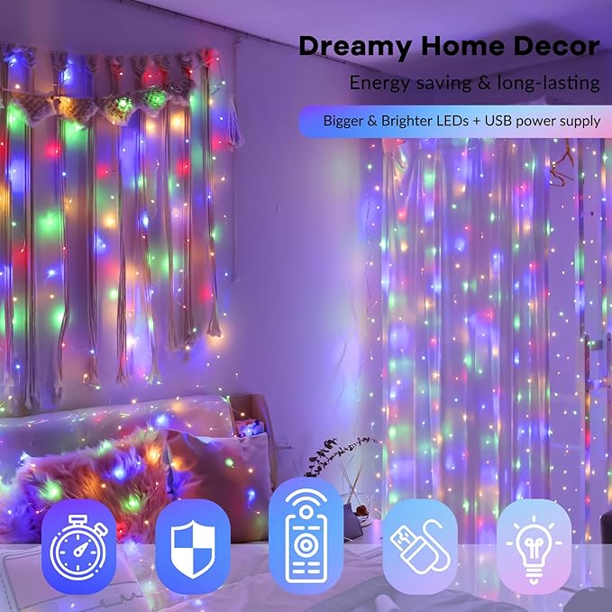 HXWEIYE 300LED Fairy Curtain Lights, 9.8x9.8Ft USB Plug-in 8 Modes Christmas String Hanging Lights with Remote for Bedroom Backdrop Wedding Party Indoor Wall Decor, Multicolor