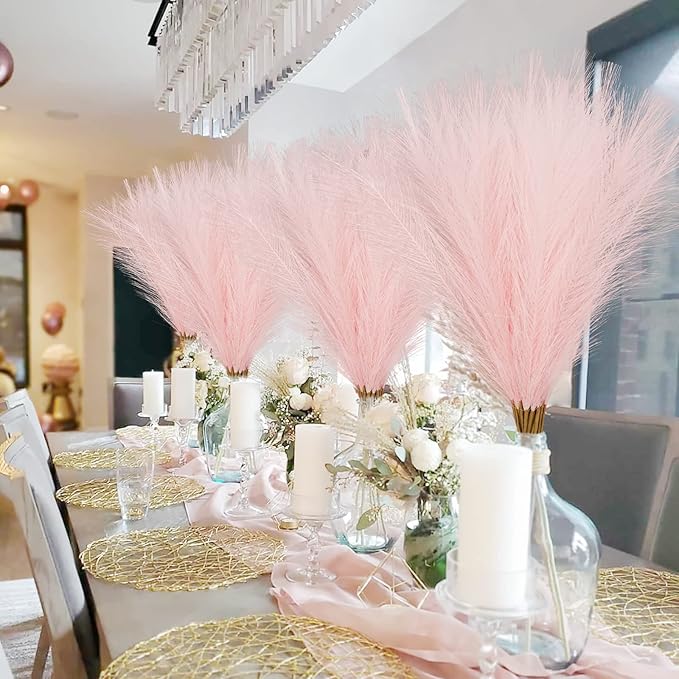 35" Pink Faux Pampas Grass Decor, 8pcs Large Tall Fluffy Artificial Pompous Grass Branches Floral Fake Pompas Grass Bulrush Floor Vase Filler Flower Arrangement for Home Wedding Boho Decor