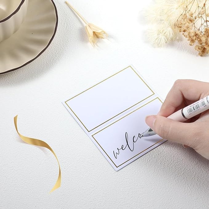 50Pcs Table Place Cards Wedding Name Cards with Gold Foil Border White Blank Small Tent Card for Table Setting Wedding Birthday Dinner Party (Gold)