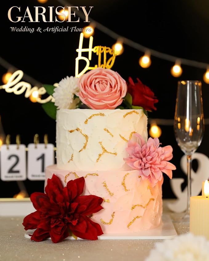 Artificial Flowers Combo, Mix Silk Flowers Roses, Peonies, Dahlias with Stems for DIY Wedding Bridal Bouquets, Baby Shower, Table Centerpieces, Home Decor, Fake Floral Arrangements-Red&Pink