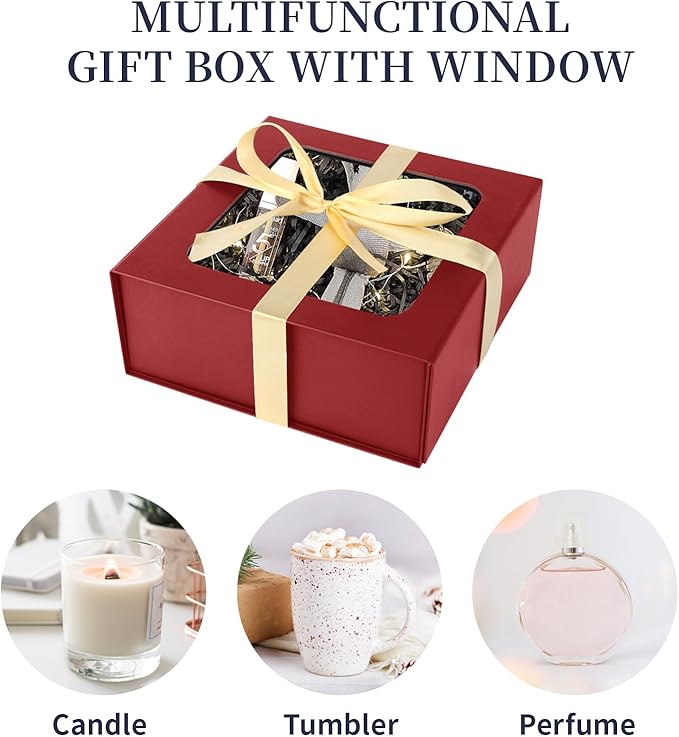 Red Gift Boxes with Window,7.5"x7.5"x3.1" Bridesmaid Boxe for Gift Giving,Birthday Gift Box with Magnetic,Closure Lid Gift Boxes for Presents,Cute Boxe,Luxury for Gift Packaging,Gift Box for Wrapping Gifts