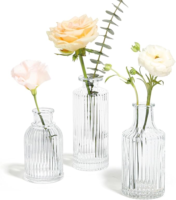 ComSaf Glass Bud Vases Set of 3, Small Flower Vases in Bulk, Mini Ribbed Vases for Centerpieces, Clear Vintage Vase for Table Decorations, Wedding, Party, Receptions, Home Decor (Different Sizes)