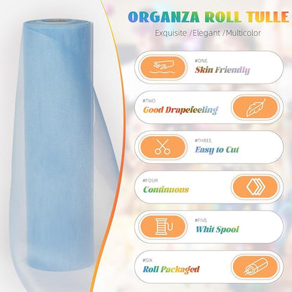 Crystal Organza Fabric Tulle 11 Inch by 50 Yards Sheer Tulle Rolls for DIY Craft Wedding Party Baby Shower Decor Gift Wrapping Party Supplies (Light Blue)