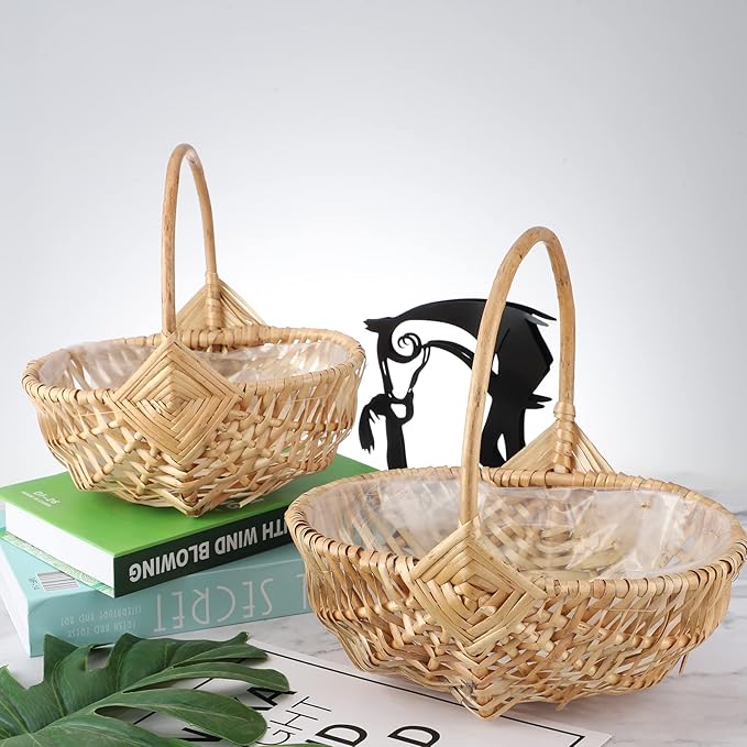DULRLLY Handwoven Flower Basket with Handle, Willow Storage Basket Empty Wicker Picnic Basket with Plastic Insert, Easter Basket Wedding Flower Girl Baskets for Home Party Decor