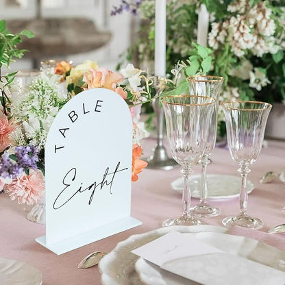 JINMURY White Arch Wedding Table Numbers 1-15 with Stands, 5x7 Inch Acrylic Arch Sign with Black Lettering, White Acrylic Table Numbers for Wedding Reception