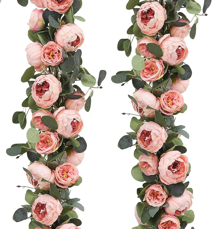 Floweroyal 2 Pack Artificial Flower Garlands 11.2FT Eucalyptus Garlands with Flowers 8 Head Peony Flower Vine Faux Floral Garland for Wedding Arch Table Wall Backdrop Wreath Decoration. (Vintage Pink)
