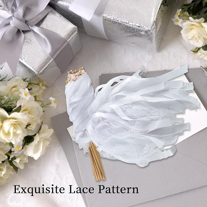 30 Pcs White Wedding Wands, Lace Wedding Streamers, Ribbon Streamers, Wedding Exit Items, Wedding Send Off Ideas, Dance Floor Props Sticks with Bells for Holiday Celebration Birthday Favors