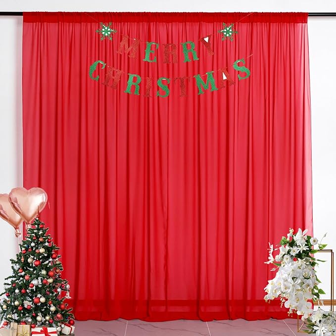 DUOBAO Red Chiffon Backdrop Curtain - 2 Panels 58x120-Inch, Elegant Wedding & Party Decor, 10FT Long Sheer Drapes for Living Room & Photography