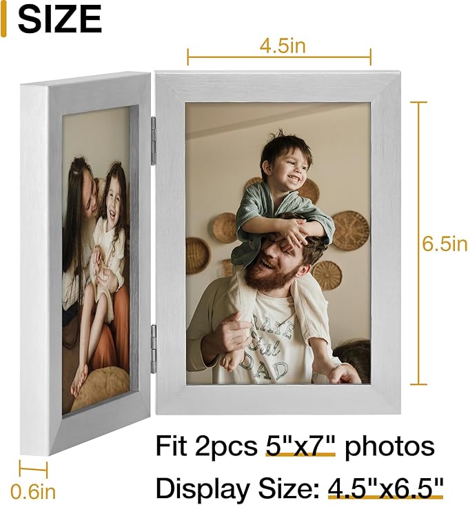 decorUhome Double 5x7 Picture Frame Vertical, Engineered Wood Bifold Photo Frame with Plexiglass for Tabletop Display, 5x7, Silver