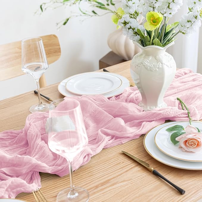 Asee'm 3pcs Cheesecloth Table Runner 120 Inches Blushing Pink Boho Gauze Cheese Cloth Runner 10FT Rustic Sheer Fall Table Runners for Thanksgiving Wedding Baby Shower Holiday Party Decoration