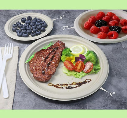GreenWorks 100 Count 7“ Heavy-duty Compostable Plates, Unbleached Biodegradable Bagasse and Bamboo fiber Paper Plates