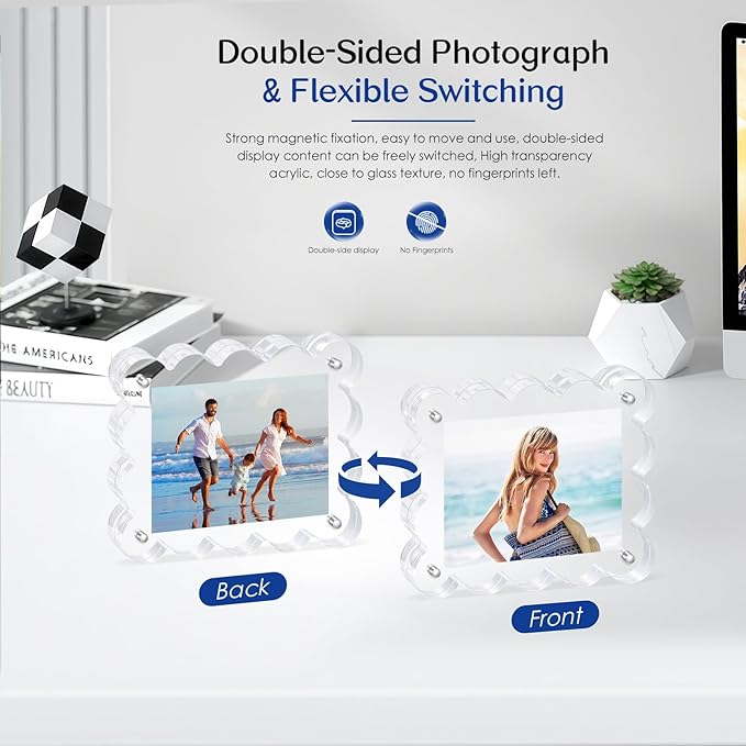 2Pack Magnetic Acrylic Picture Frames 2×3 Inch - Scalloped Glass Frame with 10+10mm Thick Block, Double Sided Clear Frames for Desktop Display | Trendy Home Gift (2 Pack, 2×3)