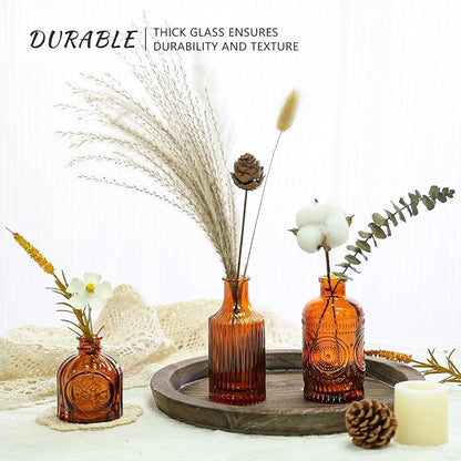 12Pcs Glass Bud Vase Set, Small Dark Brown Flower Vase for Centerpieces, Bud Vases in Bulk, Mini Vintage Vase for Rustic Wedding Decorations（Amber）
