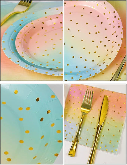 141 Pieces Rainbow Gold Party Supplies, Party Dinnerware Sets Include Paper Plates Napkins Cups Silverware, for Wedding Bridal Shower Engagement Birthday Parties Decoration -20 Serves