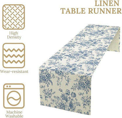 Floral Table Runner, Retro Blue Flower Chinoiserie Sketch Pattern Print Table Runner for Kitchen Dinning Table Runner Decor Home Wedding Party Holiday, 13x120 Inch
