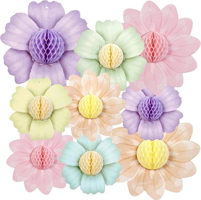 SUNBEAUTY 9 PCS Pastel Rainbow Party Decorations 10 Inch Giant Paper Flowers 3D Honeycomb for Party Pastel Hanging Flower Decorations for Girls Wall Birthday Wedding Backdrop Bridal Shower Classroom
