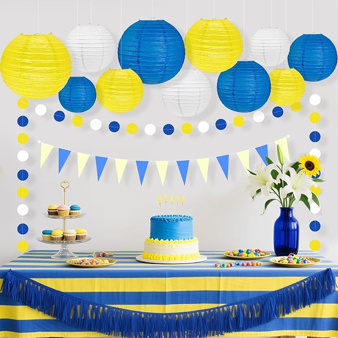 12Pcs Blue and Yellow Party Decorations Hanging Round Paper Lanterns Assorted Sizes (8" 10" 12") for Graduation Birthday Wedding Dinner Party Baby Shower BBQ Decor (Blue Yellow White)