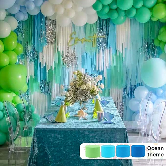 PartyWoo Blue Crepe Paper Streamers 4pcs 328ft Pack of Light Sky Blue Crepe Paper Streamers for Birthday Gender Reveal Baby Shower Graduation Pool Mermaid Under The Sea Theme Party Decorations