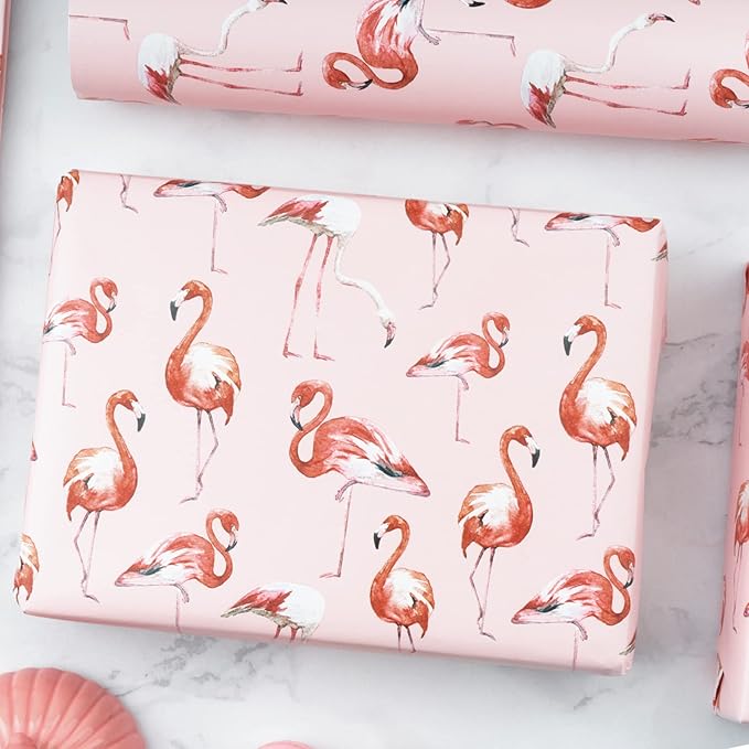 WRAPAHOLIC Reversible Flamingo Wrapping Paper - Mini Roll - 17 Inch X 33 Feet - Pink Flamingo Birthday Wrapping Paper Tropical Hawaii Design for Birthday, Holiday, Wedding, Baby Shower