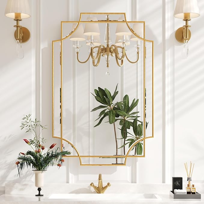 Kelly Miller Gold Bathroom Mirror for Wall, 24"x36" Large Decorative Mirror Gold Wall Mirror Vanity Mirror Beveled Wall Decor for Master Bath Half Bath Living Room Bedroom Fireplace Mantle Entryway