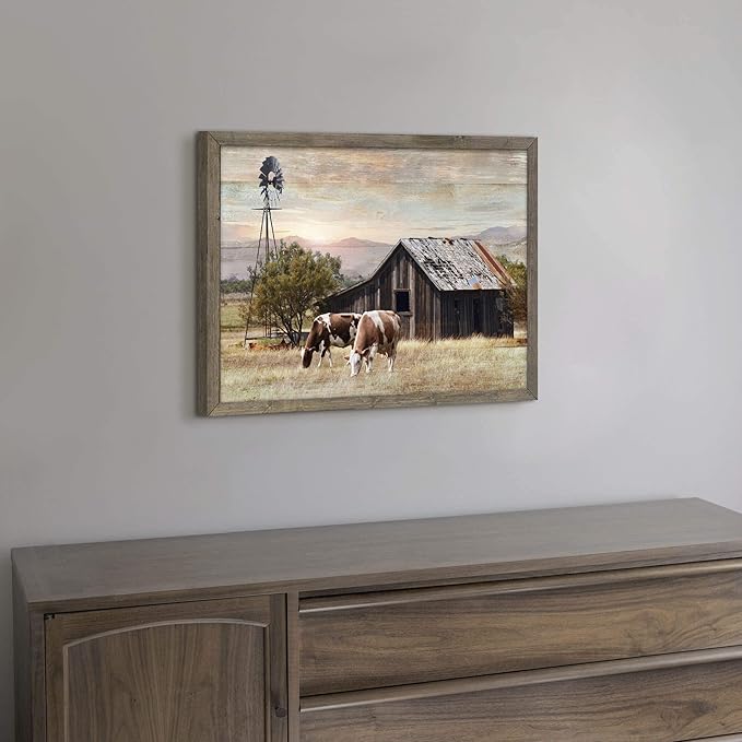 Nature Scene Wooden Framed Art：Horses&Vintage House under the Mountain Painting Print with Framed for Bathroom (12'' x 16'' x 1 Panel)
