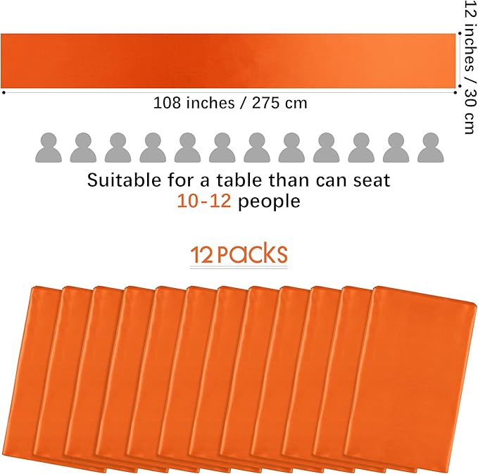 Aneco 12 Pack Satin Table Runner 12 x 108 Inch Orange Long Wedding Satin Silk Table Runner for Wedding Banquet Graduations Birthday Party Decoration