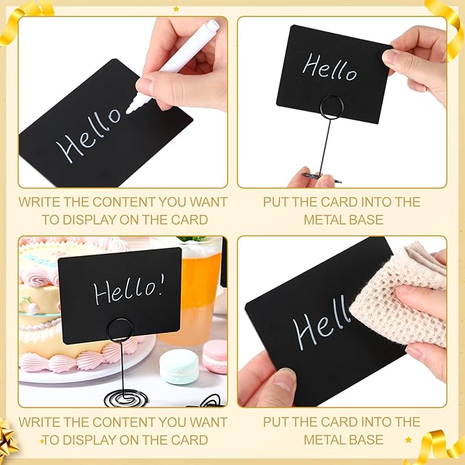 TecUnite 12 Pcs Mini Chalkboard Signs, 4"x3" Small Chalkboard Label with Metal Stand 2 Water Based Chalk for Food Buffet Tabletop Blackboard Sign for Party Bakery(Black,3.4 x 1.6 in)