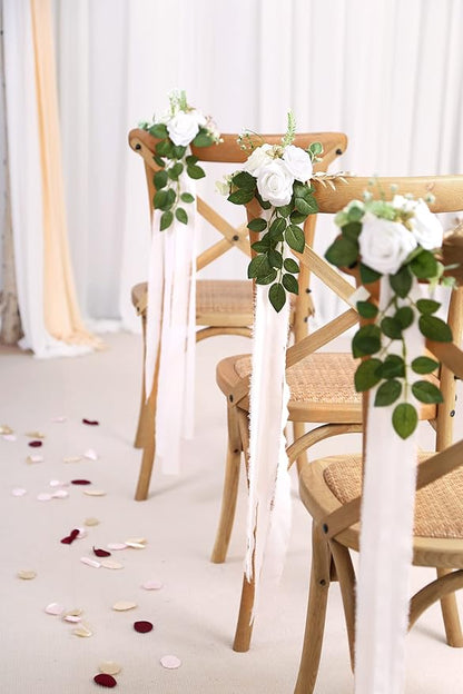 Wedding Aisle Decorations for Wedding Ceremony Set of 10 Pew Flowers for Church Chair Decorations Party Decor with Artificial Flowers Eucalyptus and Ribbons White