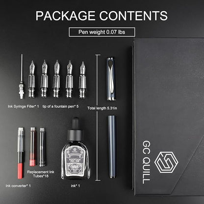 GC QUILL Calligraphy Fountain Pen Set - Includes 5 Nibs, Ink Bottle, Ink Refill Converter and 18 Cartridges, Fancy Pen for Women Men Gift - MU-25