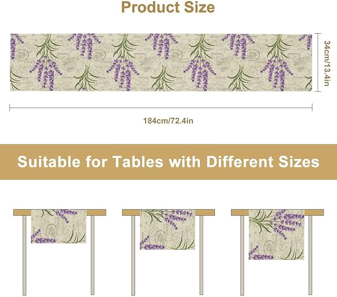 Floral Lavender Table Runner,Vintage Rustic Country Romantic Purple Flower Pattern Print Burlap for Hotel Indoors Outdoor Dining Room Kitchen Home Decor, 13x70in