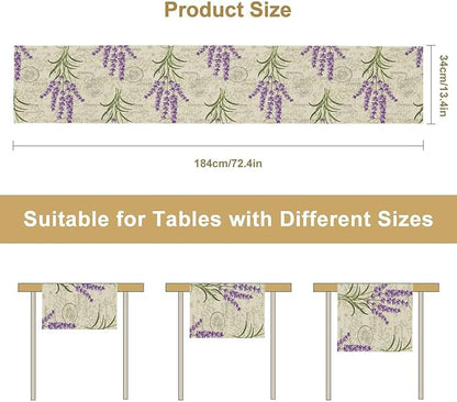 Floral Lavender Table Runner,Vintage Rustic Country Romantic Purple Flower Pattern Print Burlap for Hotel Indoors Outdoor Dining Room Kitchen Home Decor, 13x70in