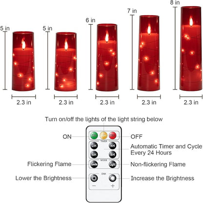 Raycare Flameless Candle with Remote Timer – 5 Flickering Acrylic Battery Operated LED Pillar Candles with Embedded Star String for Halloween, Home Decor, and as a Gift(Red)