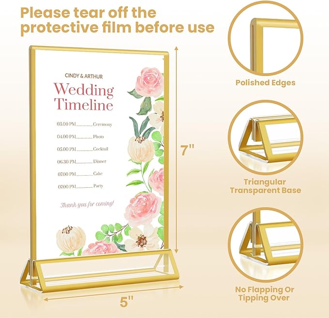 5x7 Gold Acrylic Sign Holder, 12 Pack Wedding Table Number Stands With Vertical Gold Borders, Double Sided Picture Frame Paper Stand, Clear Photo Display Menu for Party, Home, Restaurant