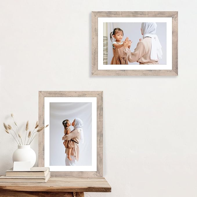 10x14 Picture Frame Set of 4 with Tempered Glass, Smoke Gray Frame Display 8x12 Picture with Mat or 10 x 14 Without Mat, Wood Rustic Photo Frames for Horizontal or Vertical Wall Mounting