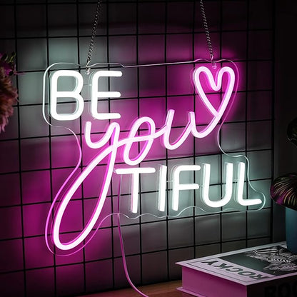 Be Your Tiful Neon Sign Dimmable Letter Neon Signs White Pink Wall Decorative Lights Powered USB with Switch for Bedroom Kid Room Shop Apartment Birthday Party Wedding （15.7’’X11.8’’）
