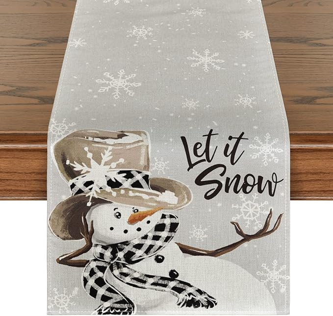 Artoid Mode Grey Snowman Snowflake Let it Snow Christmas Table Runner, Seasonal Winter Kitchen Dining Table Decor for Home Party Indoor 13x120 Inch