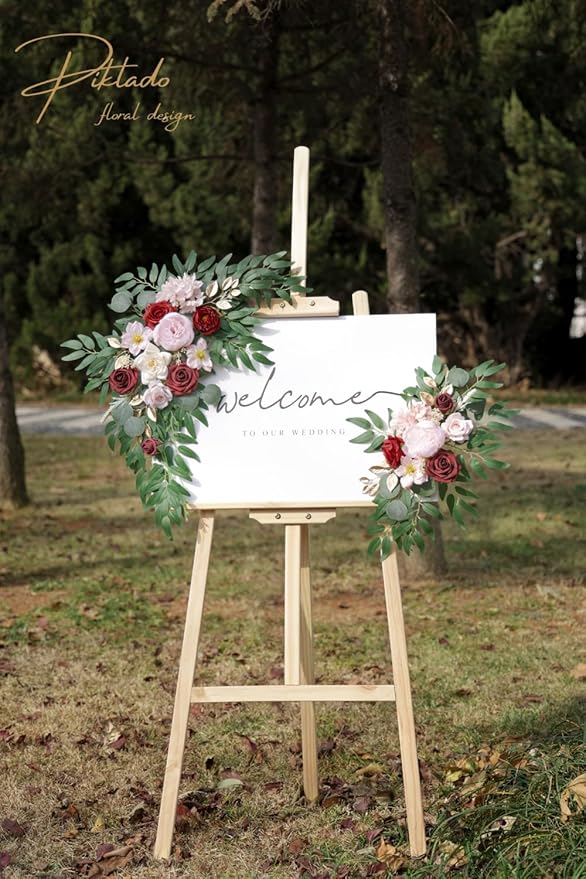 Faux Flower Swag Set of 2 for Wedding Welcome Signs Floral Swag Wedding Reception Ceremony Signs Decor (A-Burgundy Pink)