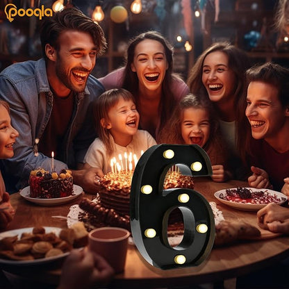 Pooqla Decorative Led Light Up Number Letters, Black Plastic Marquee Number Lights Sign for 6th 16th 60th Birthday Party Wedding Decor Battery Operated Black Decoration 6