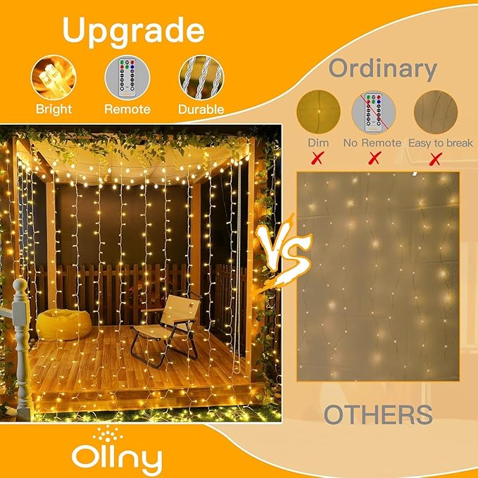 Ollny 2 Pack Curtain String Lights Warm White, 400LED 6.6x6.6ft Fairy Lights With Remote 8 Modes, Hanging Outdoor Waterproof, USB Power Wall for Bedroom Indoor Backdrop Window