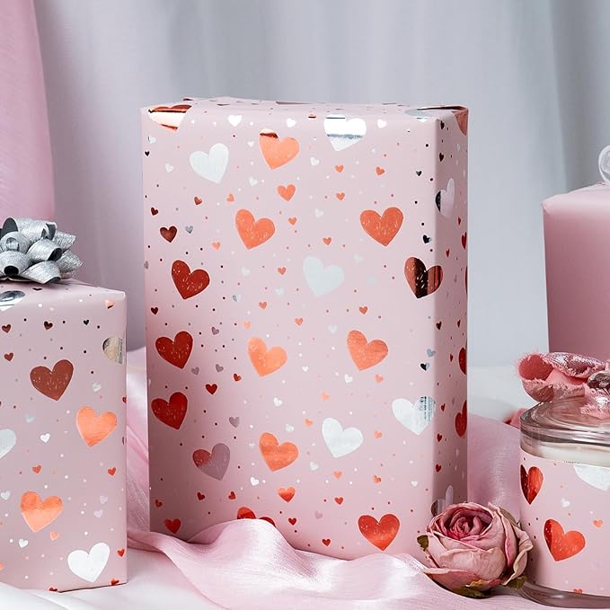 Burymento Gold Foil Heart Wrapping Paper, Reversible Pink Gift Wrap for Birthday, Valentines, Mothers day, Graduation, Wedding, Fathers day, Baby Shower, Christmas (17in x 32.8ft)