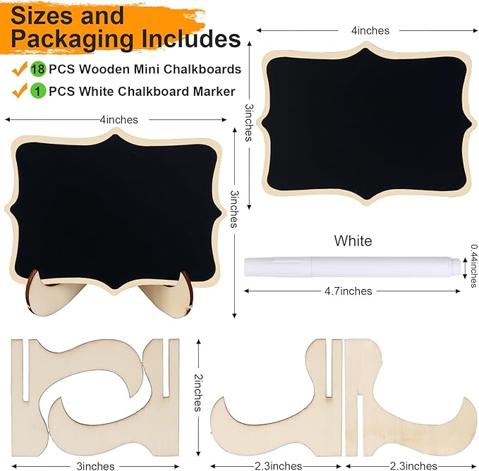 Herda 18 PCS Mini Chalkboard Signs with Easel Stand, Wooden Blackboard Labels for Wedding Celebration, Name/Place Cards, Food Labels for Party Buffet, Reusable Signs/Message Boards/Table Numbers etc.