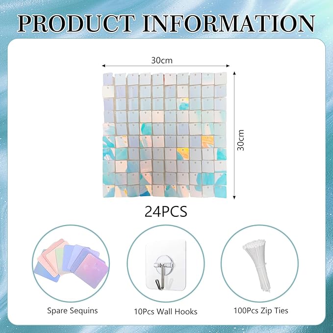 24PCS Colorful Blue Shimmer Wall Backdrop, Square Sequin Backdrops Panel, Glitter Wall Background for Birthdays, Weddings, Graduation, Engagements, Disco Bachelorette Party Decoration (4FTx6FT)