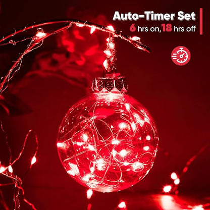 2 Pack 16.4 Ft. Battery Operated Outdoor String Lights with Remote & Timer, LED Red Fairy Lights, Waterproof Twinkle Lights for Bedroom, Dorm, Mason Jar, Wedding, Party, Christmas