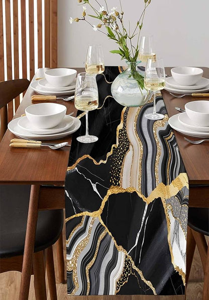 Geometric Black Marble Cotton Linen Table Runner for Dining Kitchen, Wedding Outdoor Party Tablerunners Decoration, Farm Marble Liquid Ripple Abstract Dresser Scarf Coffee Tablecloth Runners 13''x90''