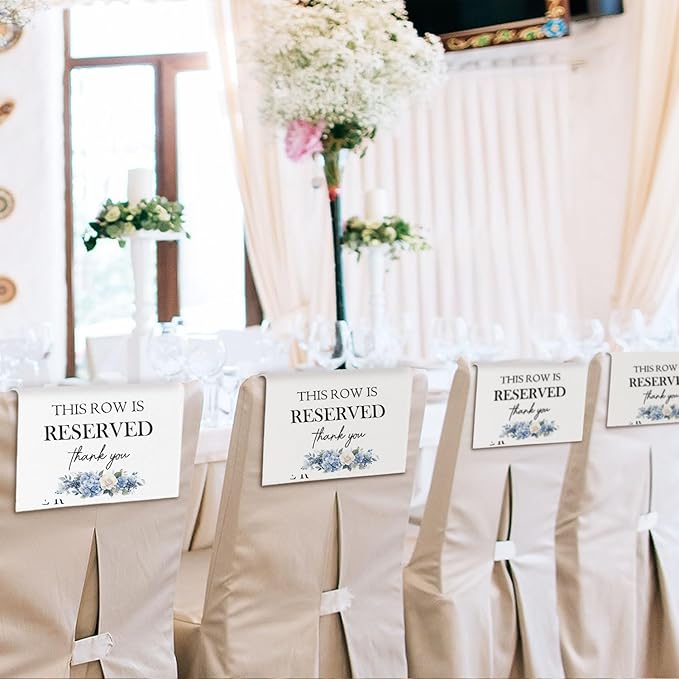 Reserved Seating Chair Signs, This Row Is Reserved Pew Cloths Seating Placeholder for Church Pews, Wedding Decorations for Reception Parties Celebrations Event Meetings (Blue Floral, 4 PCS)