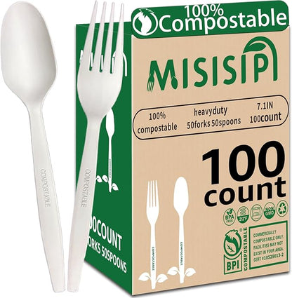 MISISIPI [7.1In 100Pcs] 100% Compostable Forks and Spoons Biodegradable Forks and Spoons HeavyDuty No Plastic Fork and Spoon Eco-friendly HeavyWeight Disposable Forks and Spoon Flatware Set
