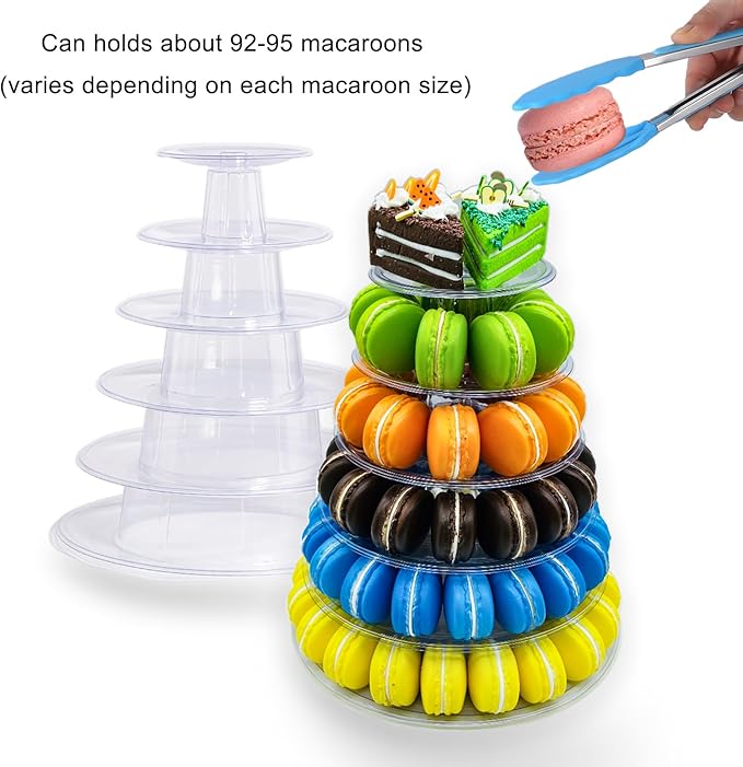 6 Tiers Macaroon Tower Stand with 8'' Silicone Tongs, Round Macaron Tower Cake Display Rack Plastic Cupcake Stand Macarons Desserts Serving Tray for Birthday Wedding Party Decor (6 Tiers with Tongs)