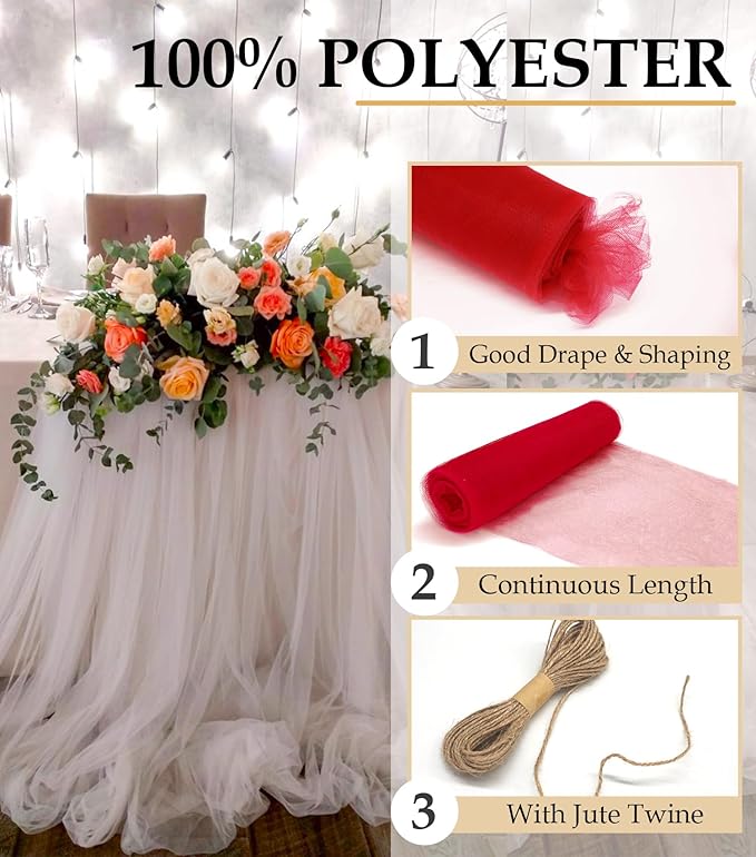 Red Tulle Fabric Roll, 54" x 40 Yards (120FT) Tulle for Christmas Decorations Gift Wrapping Wedding DIY Tutu Party Backdrop Baby Shower Table Skirts