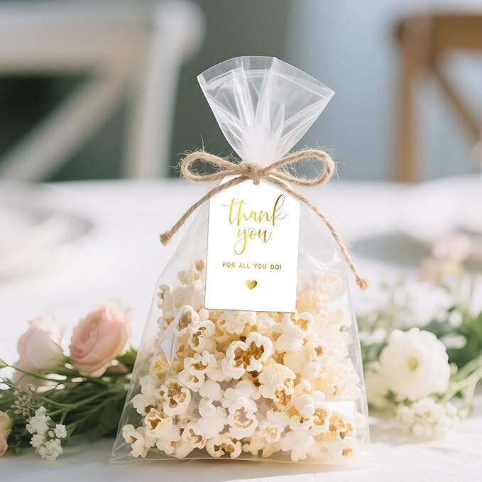 joycraft Thank You for All You Do Tags - 50Pcs Gold Foil Thank You Gift Tags with String, 3.3x2.2in Paper Gift Wrap Hangtags for Wedding, Teacher Appreciation, Mother's Day Thanksgiving, Christmas